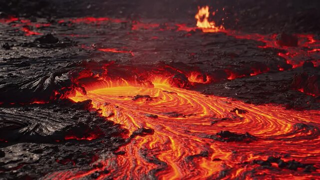 Flowing Molten Lava Creates New Land - This close-up shot captures molten lava flowing and cooling, creating new earth.