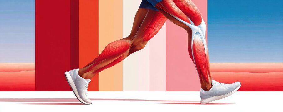 Illustration of leg muscles in motion during running across a colorful gradient backdrop