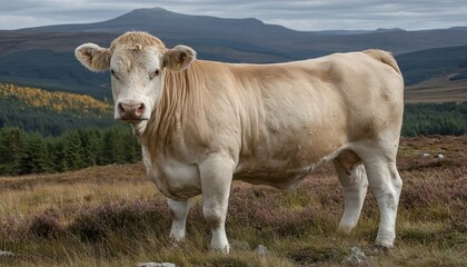 Serene Landscape of a Beautiful Cow Grazing on Lush Green Pastures Under Clear Blue Skies