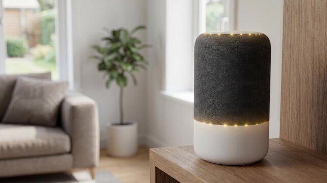 Smart speaker wooden table and shelf and sideboard bright modern living room with sofa plant window sunlight soft light cozy home interior furniture