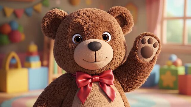 Happy Teddy Bear Waving - Close-up of a fluffy brown teddy bear with a red bow tie, waving its paw in a cheerful manner. The background reveals a colorful playroom setting with various toys.
