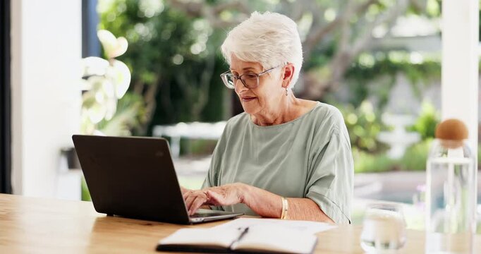 Woman, laptop and typing with remote work for project draft, editing article and creative process in home. Proposal, freelance writer and papers for feedback with mature editor or story development