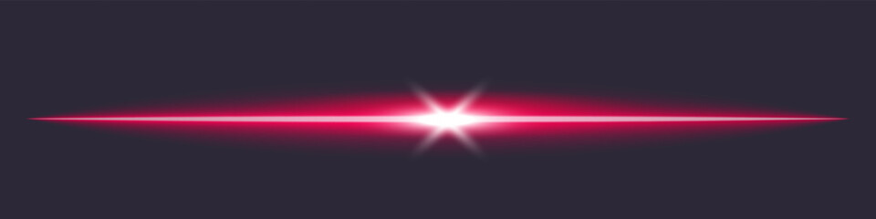 Bright red light beam on dark background with lens flare.