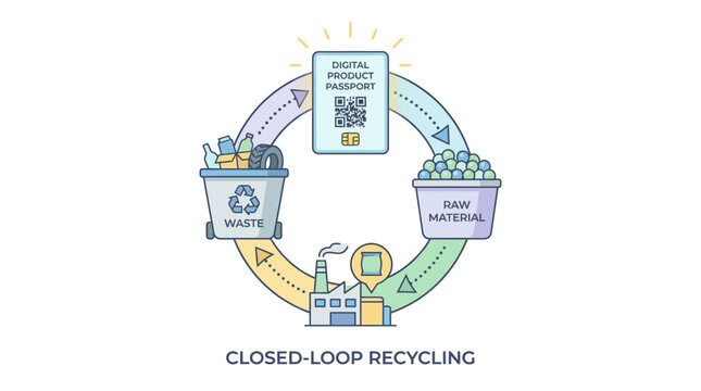 Closed loop recycling concept diagram with digital product passport, circular economy infographic vector