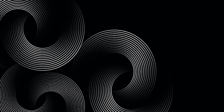 Black abstract background with modern overlapping white circular lines. Line design with twisting effect. Vector illustration for cover, banner, brochure, certificate and card. EPS. 2