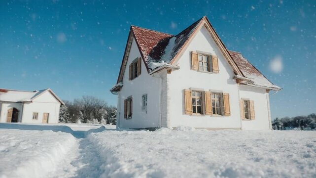White house with snow-covered roof and yard in winter landscape