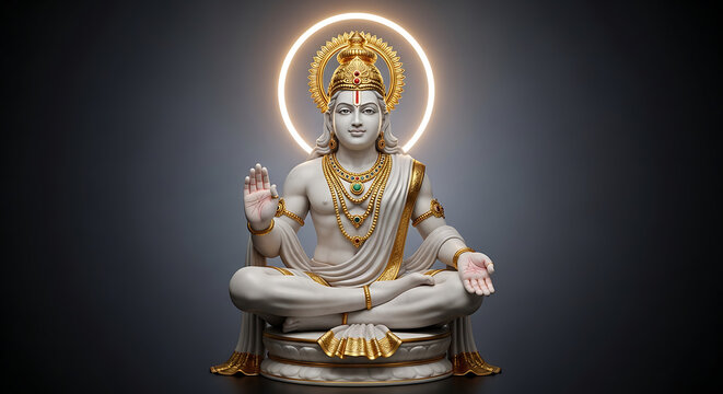 Elegant 3D marble statue of Goddess Parvati seated with lotus and glowing halo, ornate jewelry, silk saree drapery, dark studio background, premium devotional sculpture render, symmetrical idol compos