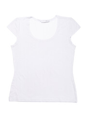 A white women's T-shirt with very short sleeves, front view, isolated on a white background. Genuine photo, not generated by AI