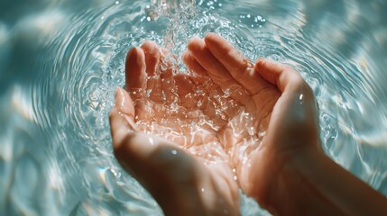 Fototapeta premium Cupped hands catching clear pool water, soft sunlight glinting on ripples, droplets suspended mid-air, close-up on skin texture, teal tones, meditative wellness