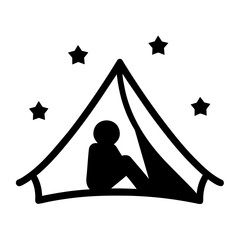Silhouette of a person sitting inside a tent under a starry night sky Vector