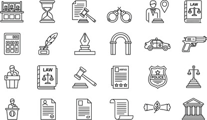 Law and justice icons with gavel, handcuffs, scales, and police badge courtroom judge © Mahafuj  Creatives