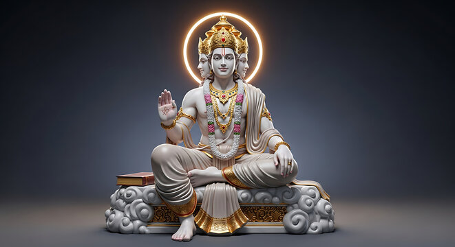 Luxury 3D marble statue of Lord Ayyappa seated in yogic posture with glowing halo, gold jewelry, silk drapery, dark studio background, premium devotional sculpture render, centered symmetrical composi
