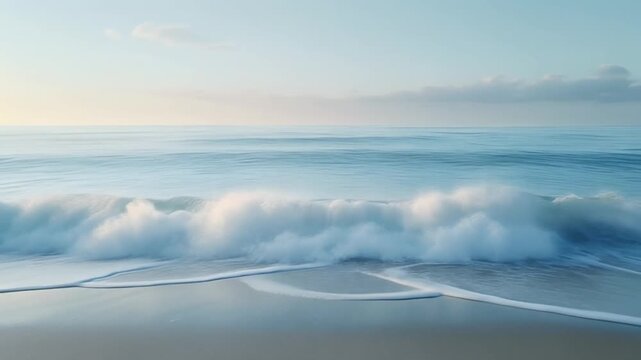Serene ocean waves gently lapping on the sandy beach at sunrise from a tranquil viewpoint