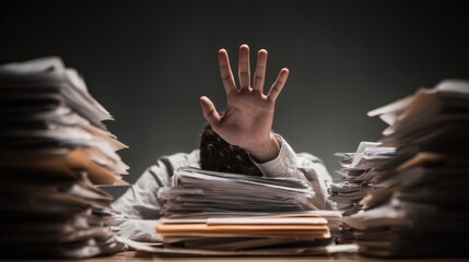 An individual faces an overwhelming mountain of paperwork, representing the immense stress and chaos of the workplace