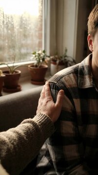 Mans hand offering comfort to another person. Empathy and support in a moment of emotional need. Human connection.