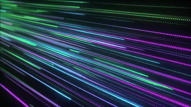 Colorful neon-like streaks and dots moving fast diagonally on a dark background, possibly for a tech or data visualization concept