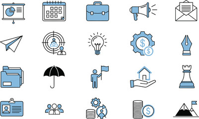 Business And Finance Icons With Strategy And Investment Elements In Blue presentation chart © Mahafuj  Creatives