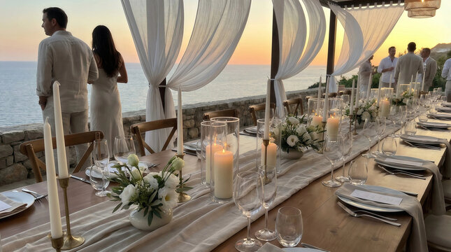 Elegant seaside dinner setup for a beach wedding reception with white-draped tables, candlelight, floral centerpieces, glow, and guests in light attire overlooking an ocean view