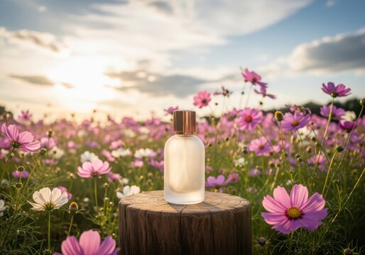 Perfume bottle in a field of pink cosmos flowers at sunset
