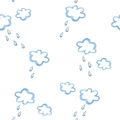 Obraz premium Simple watercolor drawing of clouds and rain drops. Seamless pattern for spring background, wallpaper, kids fabric print, template, banner, backdrop, packaging.