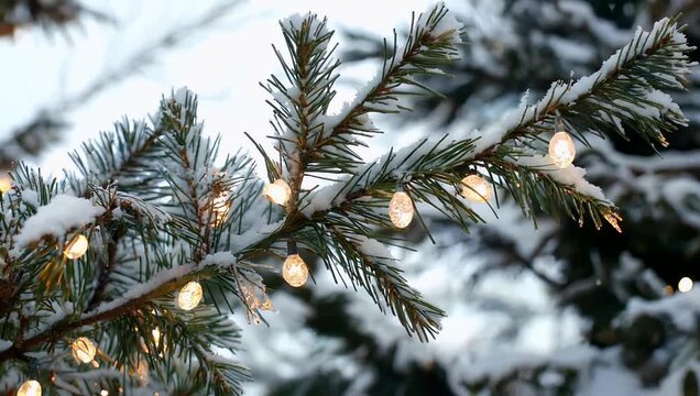 Magical 4K Ultra HD holiday close up video of a single pine branch delicately adorned with soft snowflakes and twinkling string lights successfully capturing the magical essence of the holiday season