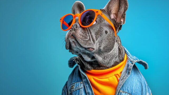Cute bulldog wearing red sunglasses and denim jacket on blue studio background. Closeup portrait. Stylish trendy dog on colorful backdrop. Playful fashion vibe. Happy puppy. Pet party. Poster, card