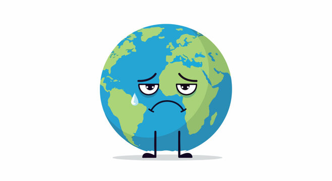 A cartoon globe with a sad expression and a tear drop on its cheek stands alone on a plain white background with a worried mood.