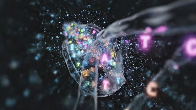 DNA Sequence Strand - Microscopic view of a DNA strand with illuminated nitrogenous bases. Illustration of genetic coding and biomedical research.