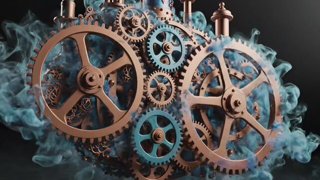 steampunk gears in blue smoke, mechanical engineering, industrial design