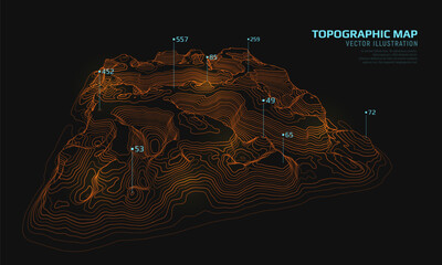 3D topographic map. Geographic contour map background with elevation lines. Detailed terrain visualization concept. Vector illustration of landscape elevations and natural relief. © Igor