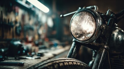 Vintage Motorcycle with Glowing Headlight in a Dark Professional Garage Workshop, Classic Custom Bike Repair and Maintenance Concept, Gritty Industrial Mechanic Atmosphere with Tools and Equipment