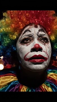 Close up portrait of a sad clown with colorful wig
