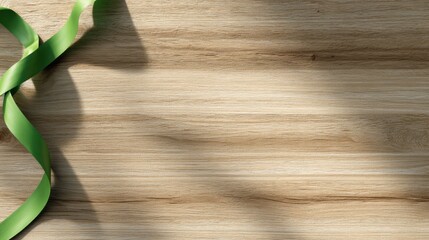Naklejka premium Green ribbon on natural wood background for eco gift and earth day holiday design, card, poster, and background mockup