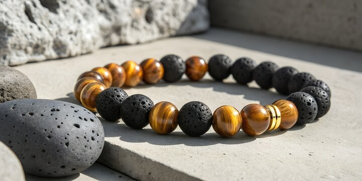 Tiger&rsquo;s eye beads with strong golden chatoyancy stacked with matte black lava stone beads modern masculine aesthetic concrete background crisp product photography