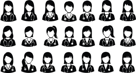 Obraz premium Female medical professional silhouette illustration set, diverse healthcare workers in lab coats with stethoscopes, medical staff theme - flat vector illustration