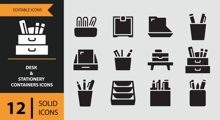 Desk and stationery container solid icons workspace organization themes