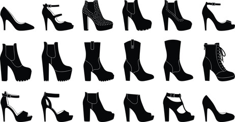 Women&rsquo;s high heel silhouette set, pumps, sandals, boots, fashion footwear styles, retail catalog theme - flat vector illustration