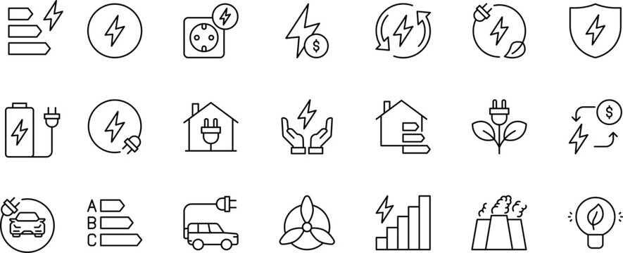 Efficiency energy outline icon set. Containing energy saving, electricity, light bulb, energy consumption, and more. Editable stroke. Vector