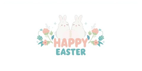 A cheerful easter greeting with two bunnies and colorful flowers