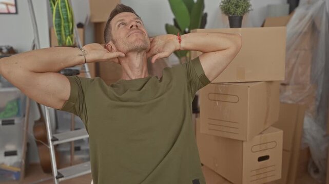 Man stretching arms with hands behind head in building surrounded by stacked moving boxes and ladder for a new home; moving day relief.