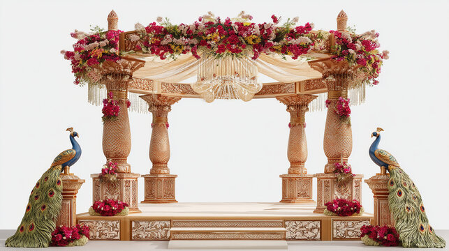 Exotic Indian Wedding Mandap with Floral Decor and Peacocks