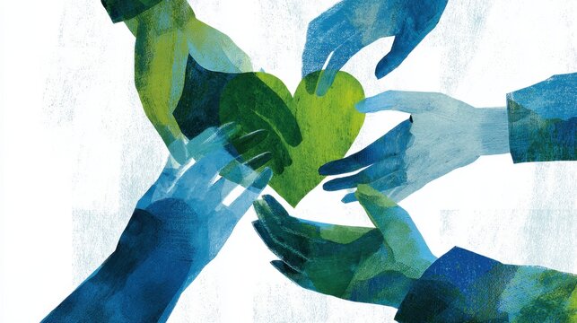 Multiple hands joining around a green heart symbolizing community environmental cooperation for charity campaign banner poster ,National Donate Life Month