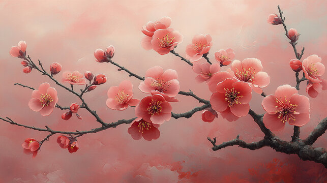 Cherry blossom branch with soft pink flowers and delicate petals creating tranquil and radiant atmosphere in gentle pastel background