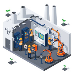 Obraz premium Industrial factory with robotic arms and workers in safety gear.