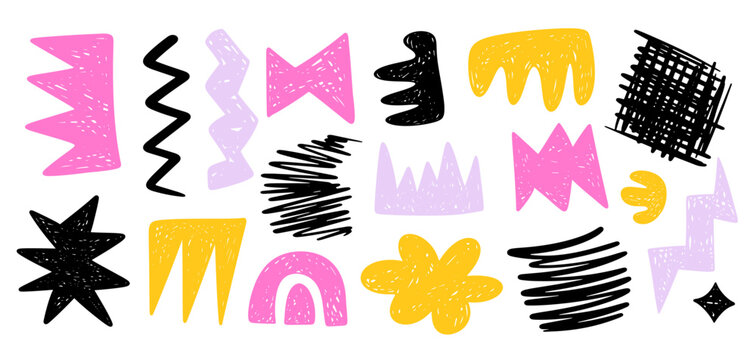 Trendy textured scribble doodle shapes set collage