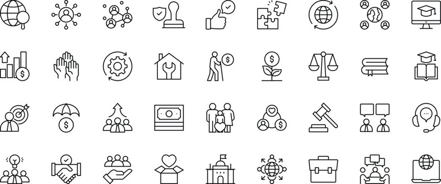 Social Policy icon set.Containing welfare, government, society, service, education, reform, health care, legislation, medicine, law and more. editable stroke. vector