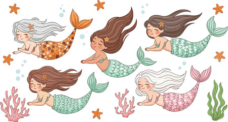 Fototapeta premium Cute mermaid character set swimming with starfish, coral and seaweed