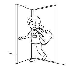 笑顔で訪問先の部屋へ入る訪問看護師　線画