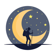 A hiker's tranquil night journey beneath a radiant crescent moon and a sky full of twinkling stars, embodying the spirit of serene exploration and nocturnal adventure in nature