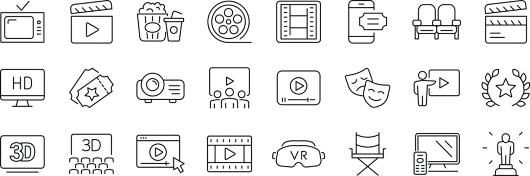 Cinema set of web icons in line style. Movie and Film linear icon collection. Containing video, movie theater, 3d, vr, popcorn, ticket, director, soundtrack and more.